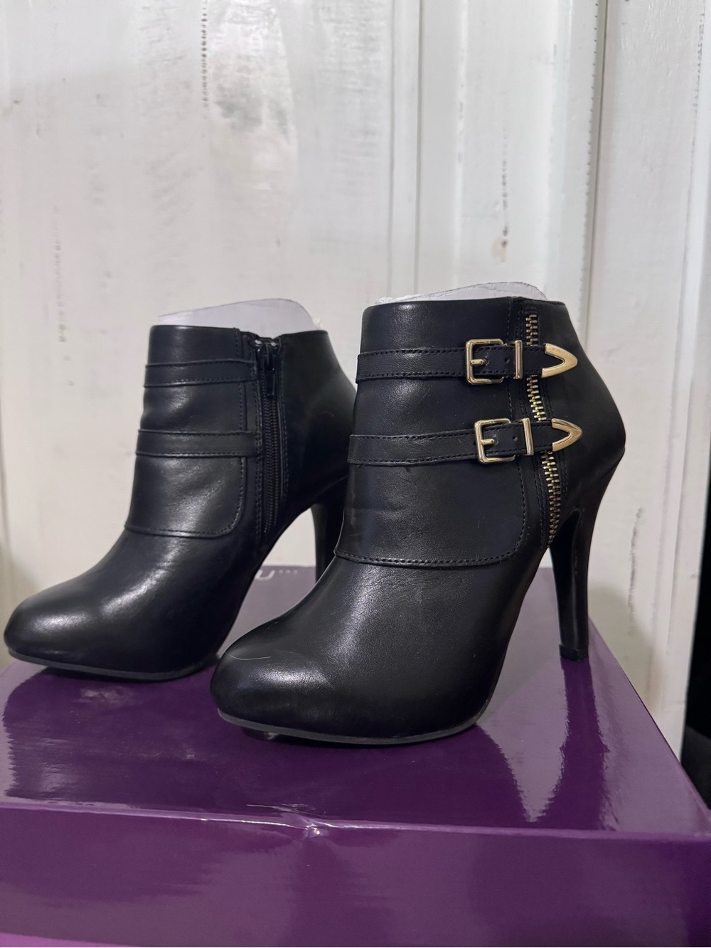 Black Leather Ankle Booties with Double Buckle Detail